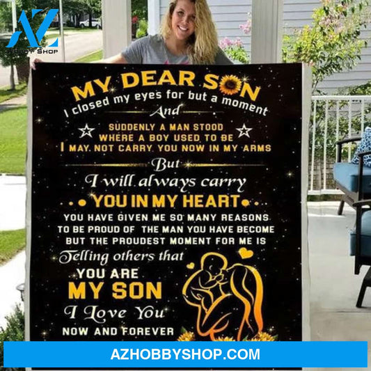 To My Dear Son I Will Always Carry You In My Heart Fleece Blanket Gift For Son From Mom 