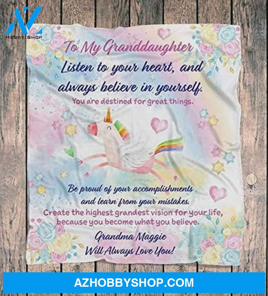 Personalized To My Granddaughter Unicorn Fleece Blanket From Grandma Maggie Listen To Your Heart Great Customized Blanket For Birthday Christmas Thanksgiving