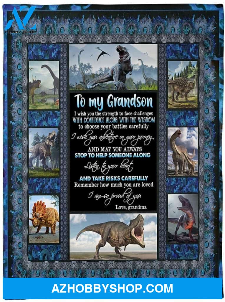 Personalized to My Grandson Dinosaur Fleece Blanket from Grandma I Wish You Strength to Face Challenges Great Customized Gift for Birthday Christmas Thanksgiving