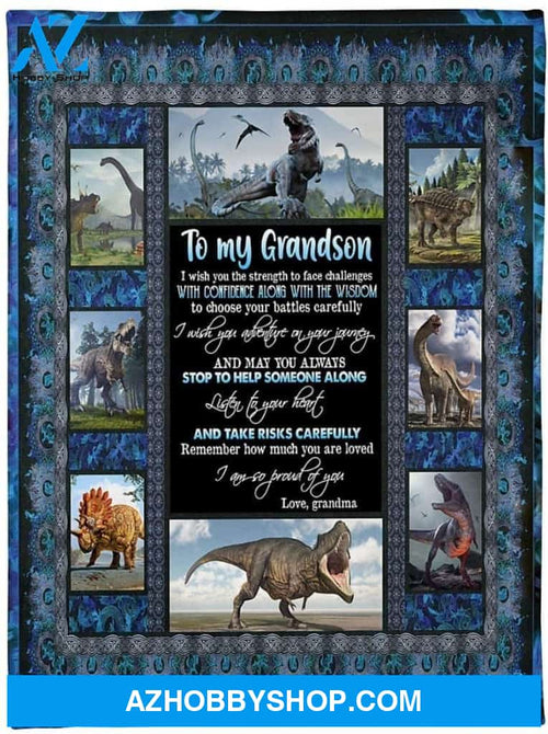 Personalized to My Grandson Dinosaur Fleece Blanket from Grandma I Wish You Strength to Face Challenges Great Customized Gift for Birthday Christmas Thanksgiving