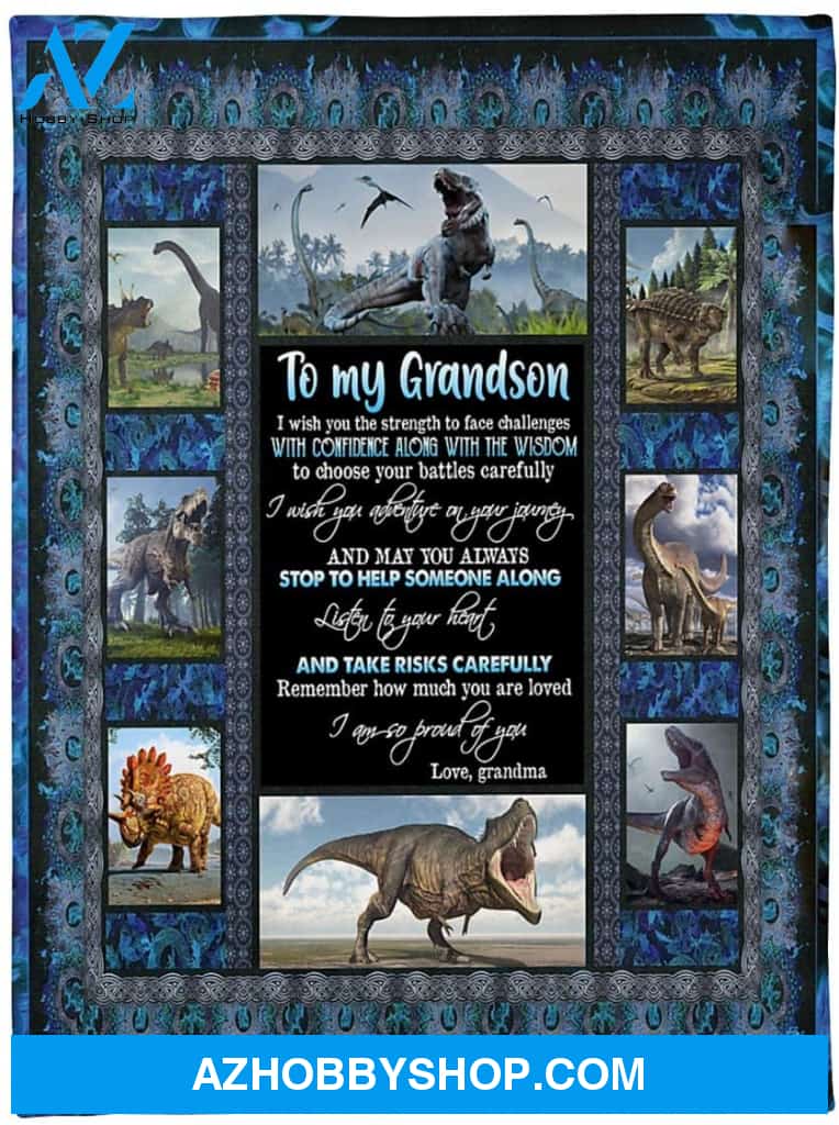 Personalized to My Grandson Dinosaur Fleece Blanket from Grandma I Wish You Strength to Face Challenges Great Customized Gift for Birthday Christmas Thanksgiving