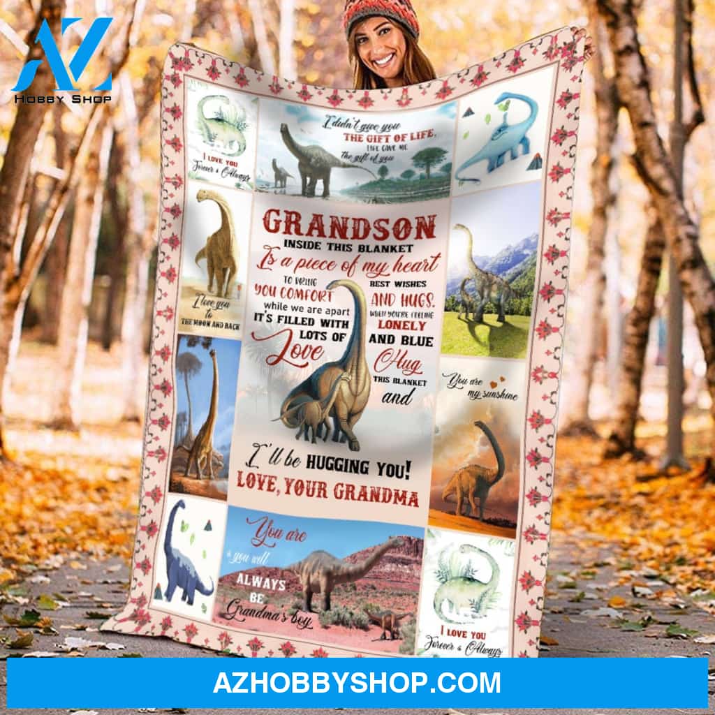 Personalized To My Grandson Dinosaur Fleece Blanket From Grandma I'll Be Hugging You Great Customized Blanket For Birthday Christmas Thanksgiving