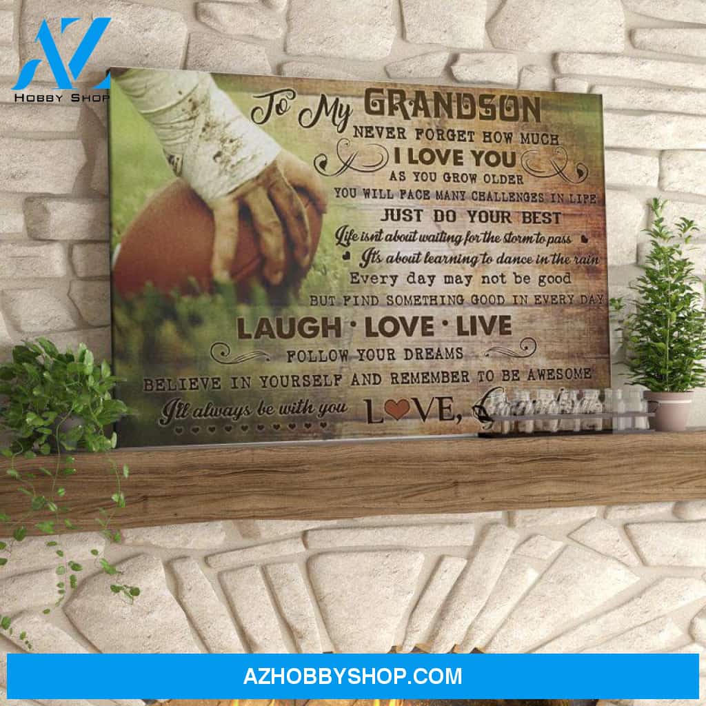 To My Grandson Never Forget How Much I Love You Football Horizontal Canvas - gift for grandson, gift for grandpa