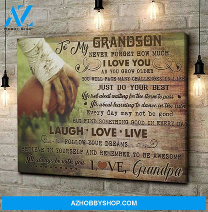 To My Grandson Never Forget How Much I Love You Football Horizontal Canvas - gift for grandson, gift for grandpa