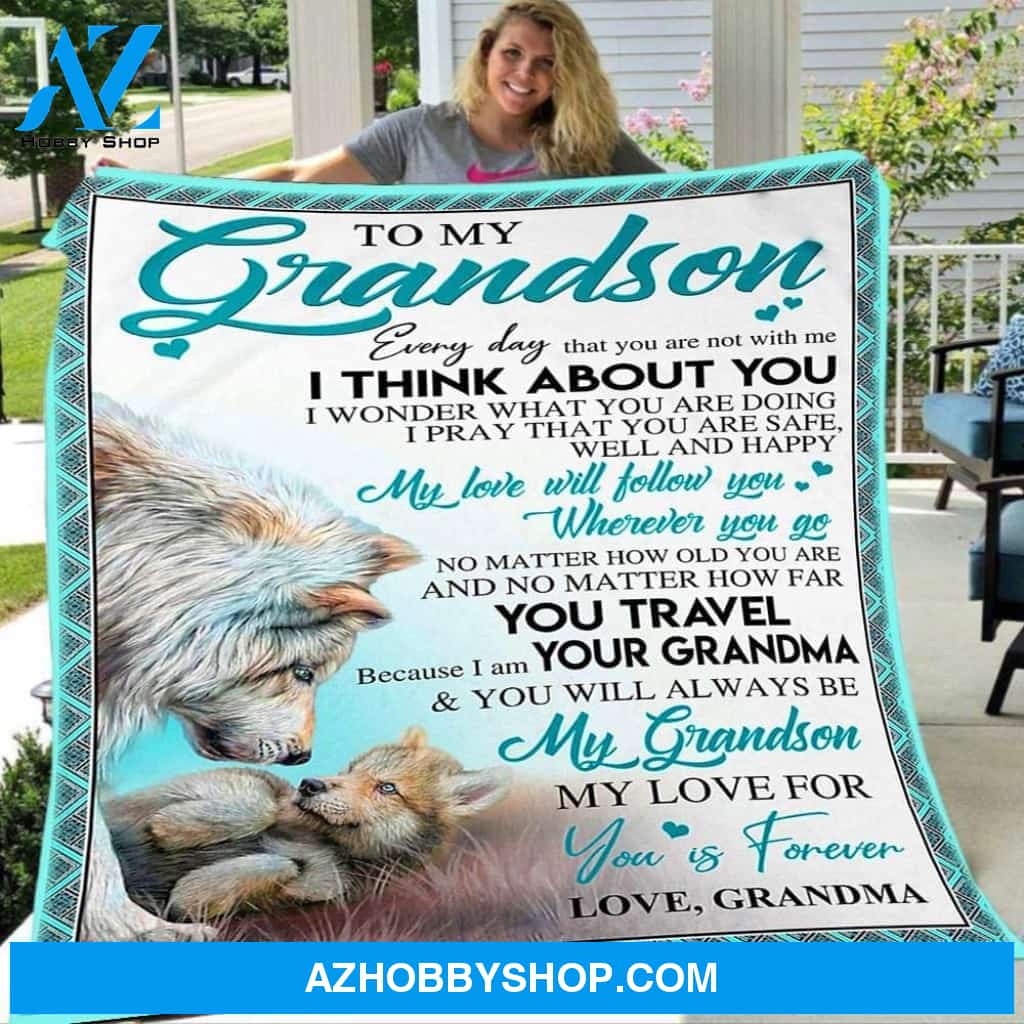 Personalized to My Grandson Wolf Fleece Blanket from Grandma I Think About You Great Customized Gifts for Birthday Christmas Thanksgiving