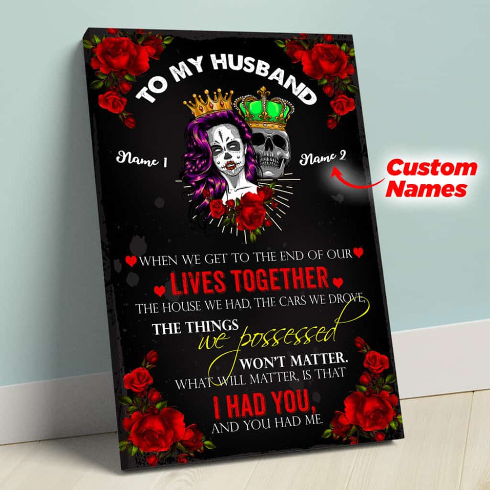 To My Husband - Custom Personalized Names Roses Gothic Skull Matte Canvas
