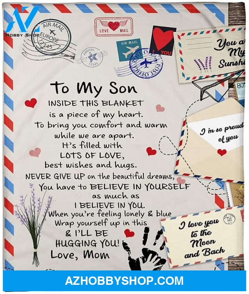 To My Son Fleece Blanket - I Love You To The Moon And Back Air Mail Blanket - Gift From Mom On Birthday, Christmas