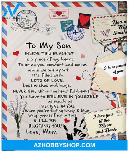 To My Son Fleece Blanket - I Love You To The Moon And Back Air Mail Blanket - Gift From Mom On Birthday, Christmas