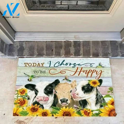 Today I Choose Happy Cow Sunflower Animal Doormat Welcome Mat Meaningful Rug Farmer House Decor Housewarming Gift Gift for Famer Friend Family Gift for Cow Lovers Farm Animal Lovers