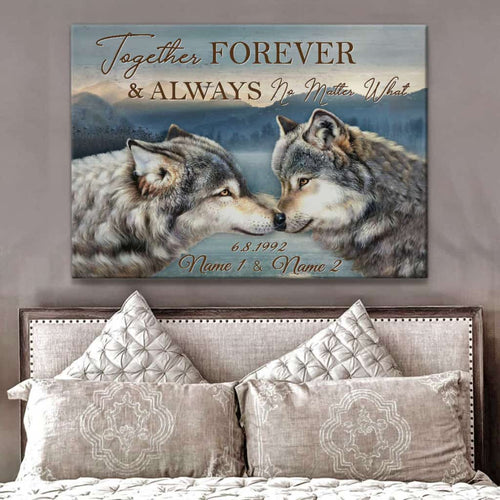 Custom Canvas Prints Personalized Gifts Wedding Anniversary Gifts Together Forever and Always No Matter What Quiet Morning at the Lake with Wolf Couple Wall Art Decor