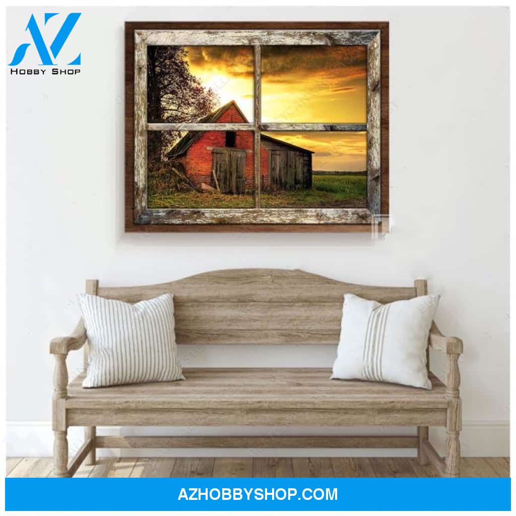 Top Beautiful Red Barn In the Afternoon With Rustic Window Canvas And Poster, Wall Decor Visual Art