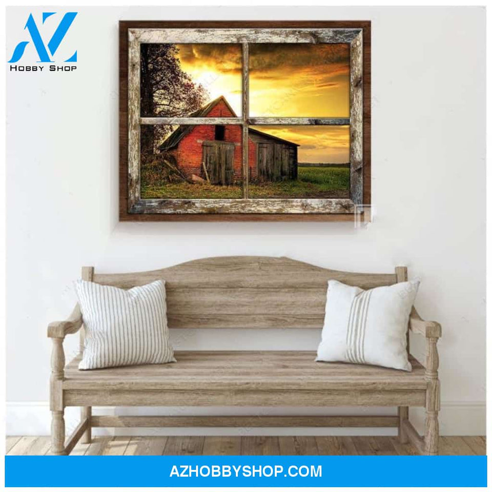 Top Beautiful Red Barn In the Afternoon With Rustic Window Canvas And Poster, Wall Decor Visual Art