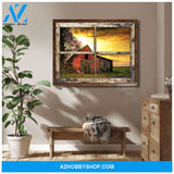 Top Beautiful Red Barn In the Afternoon With Rustic Window Canvas And Poster, Wall Decor Visual Art