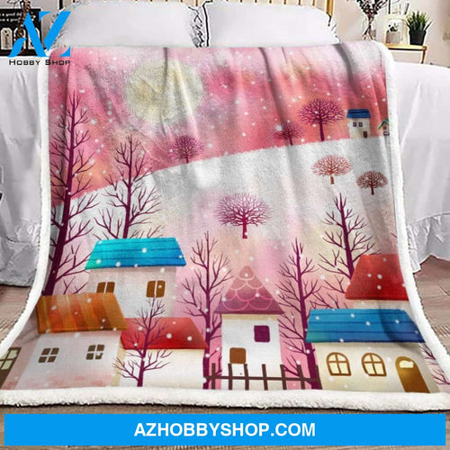 Town In The Winter Fleece Blanket Home Decor Bedding Couch Sofa Soft and Comfy Cozy Gift For Winter Lover, Gift For Friend Family