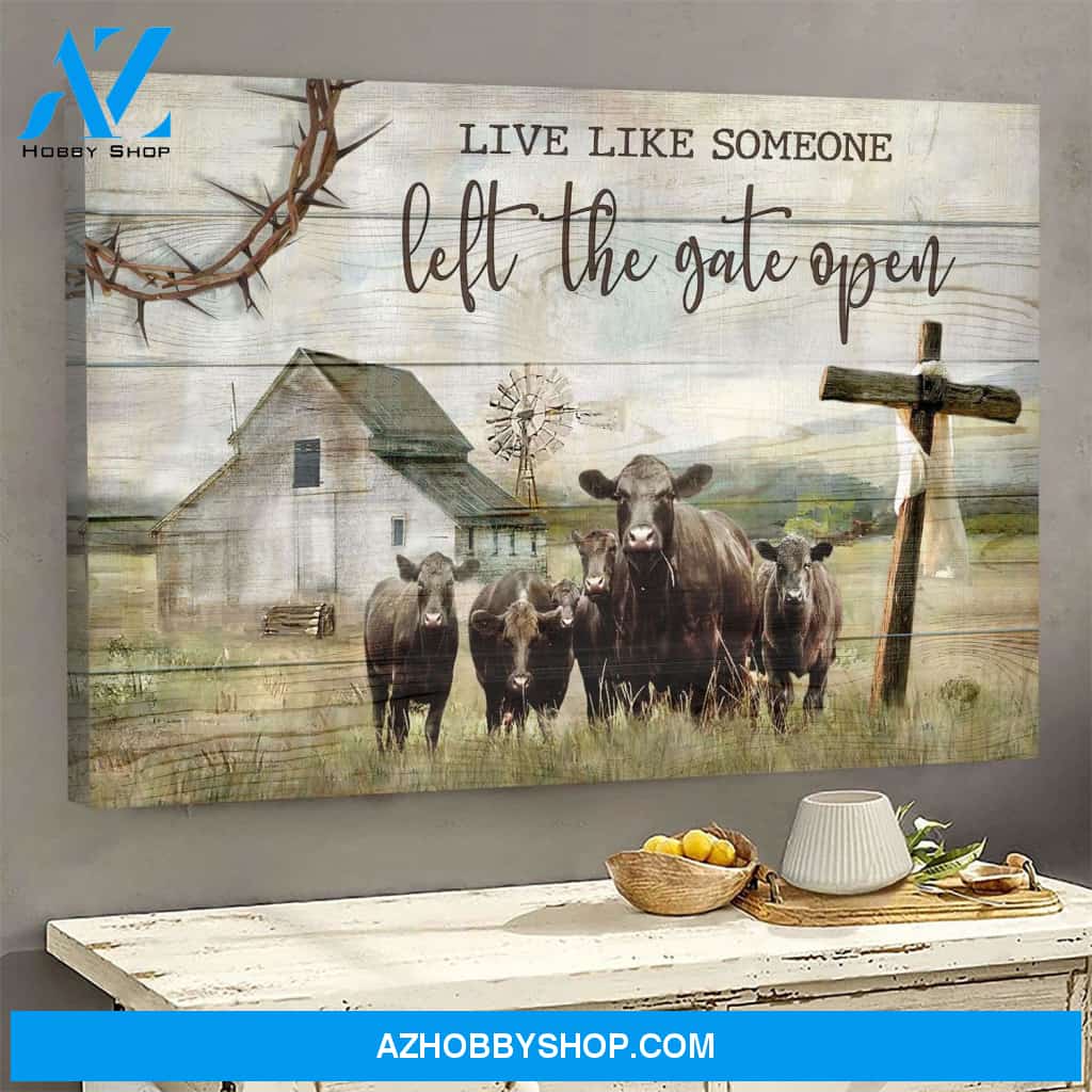 Tranquil farm with angus cows - Live like someone, left the gate open - Jesus Landscape Canvas Prints - Wall Art