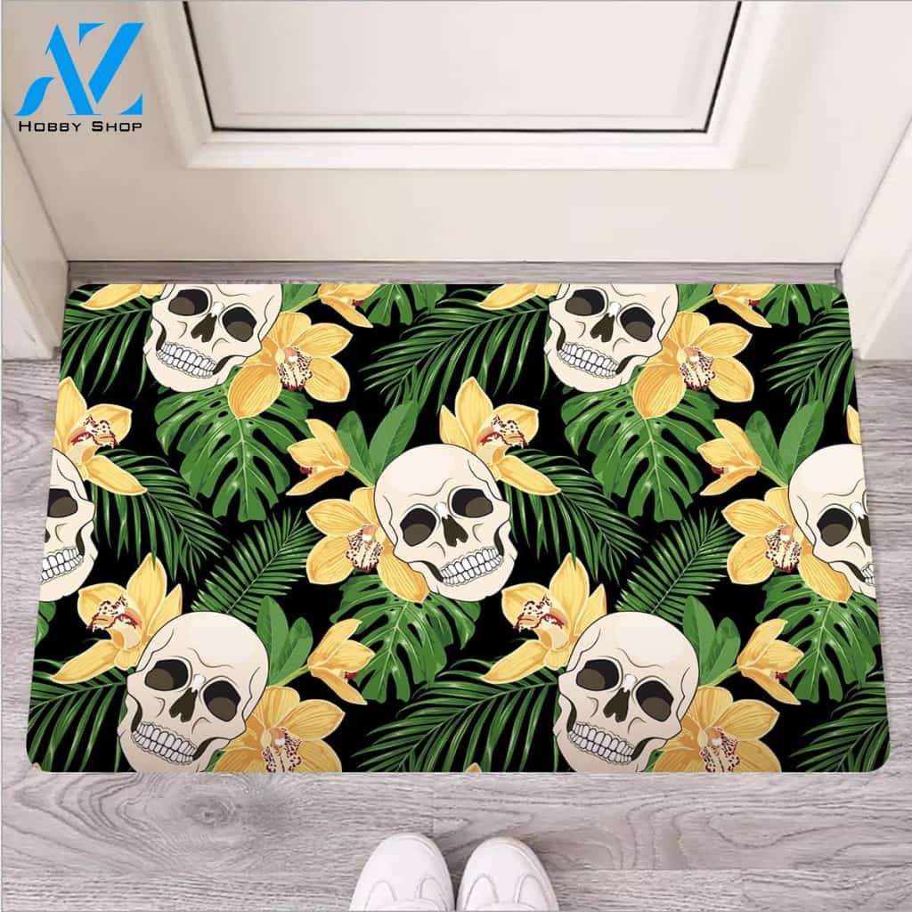 Tropical Floral Skull Door Mat