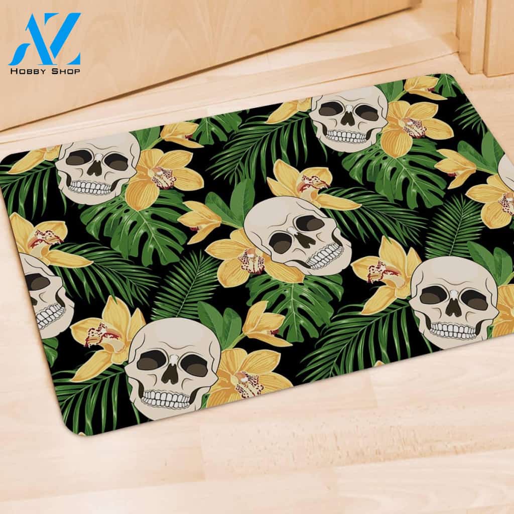 Tropical Floral Skull Door Mat