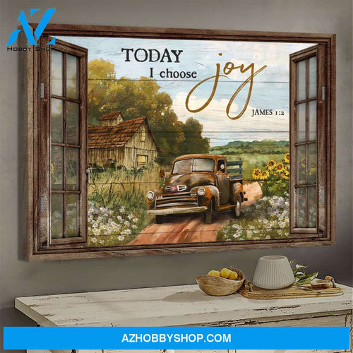 Truck comes back home - Today I choose Joy - Window frame Jesus Landscape Canvas Prints - Wall Art