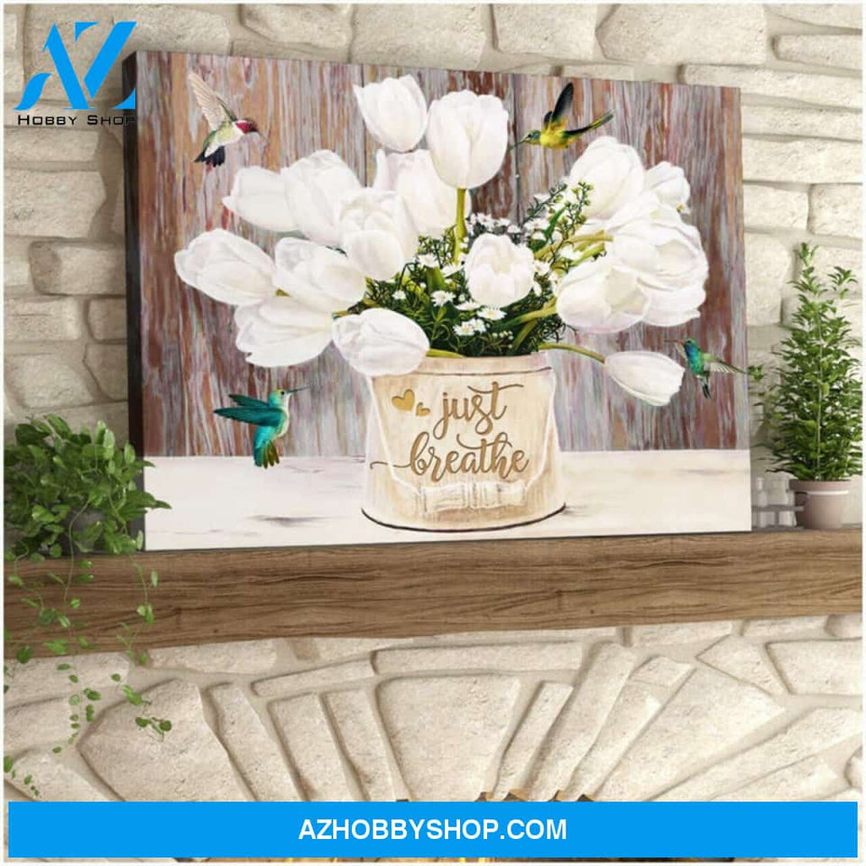 Tulips and Hummingbird Just Breathe Brown Canvas Wall Art Decor, gifts for hummingbird lovers
