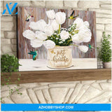 Tulips and Hummingbird Just Breathe Brown Canvas Wall Art Decor, gifts for hummingbird lovers