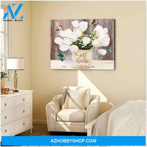 Tulips and Hummingbird Just Breathe Brown Canvas Wall Art Decor, gifts for hummingbird lovers