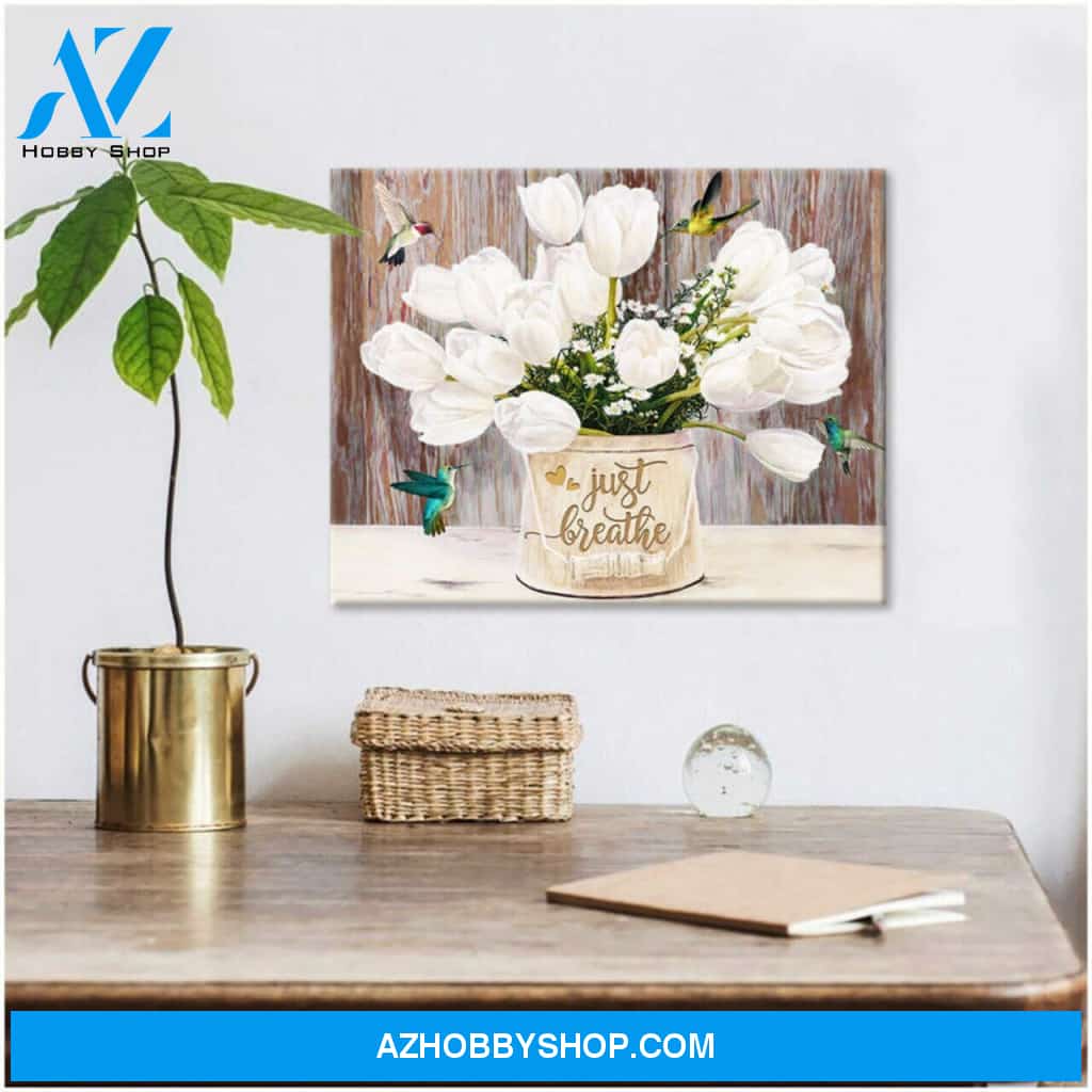 Tulips and Hummingbird Just Breathe Brown Canvas Wall Art Decor, gifts for hummingbird lovers
