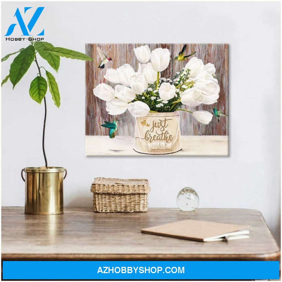 Tulips and Hummingbird Just Breathe Brown Canvas Wall Art Decor, gifts for hummingbird lovers