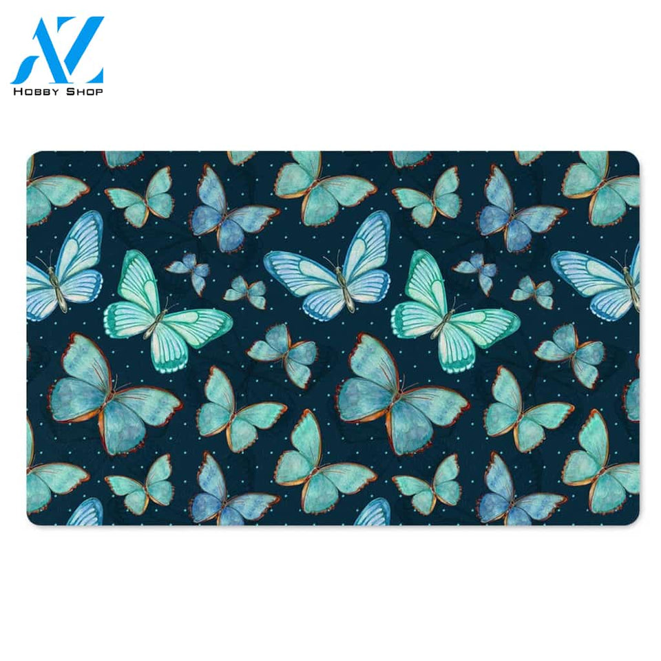 Turquoise Butterfly Print Door Mat