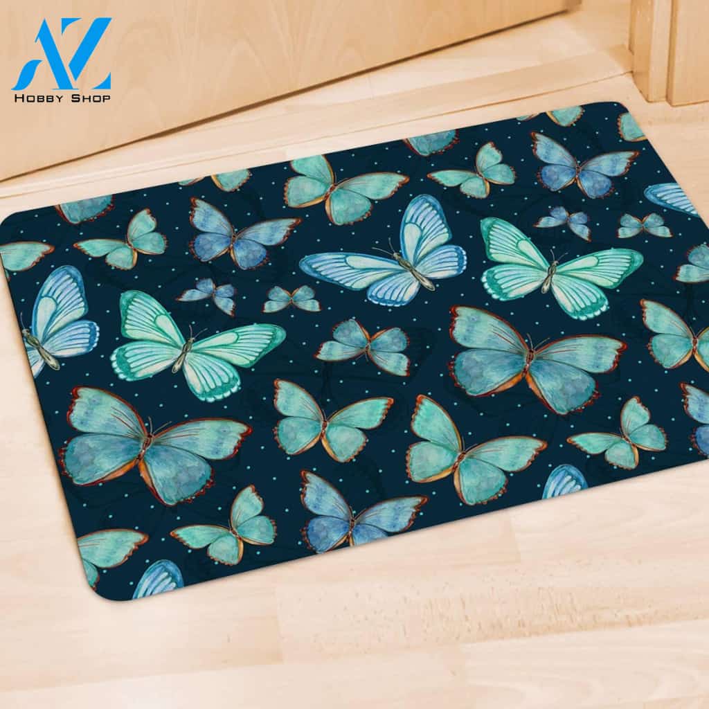 Turquoise Butterfly Print Door Mat