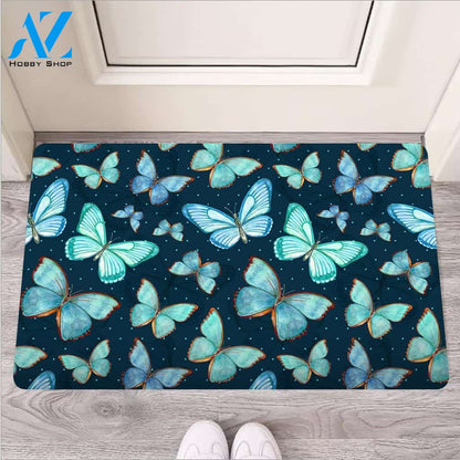 Turquoise Butterfly Print Door Mat