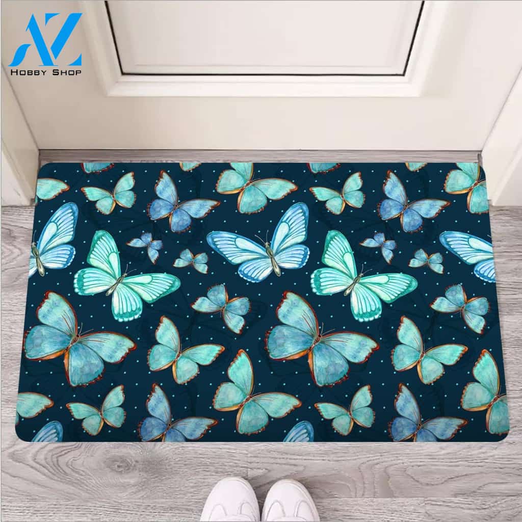 Turquoise Butterfly Print Door Mat