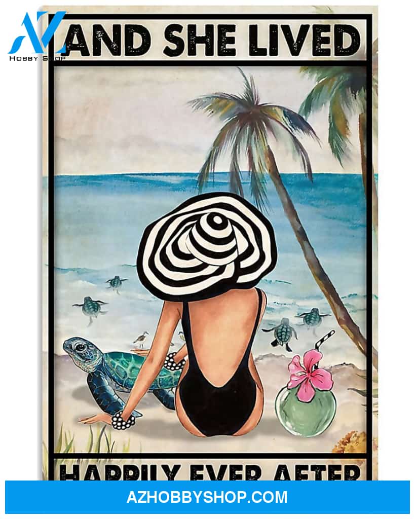 Turtle And She Lived Happily Ever After Vertical Canvas Wall Art, Wall Decor Visual Art