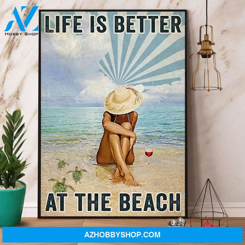 Turtle And Wine Life Is Better At The Beach Canvas And Poster, Wall Decor Visual Art