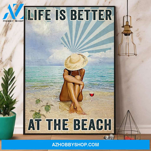 Turtle And Wine Life Is Better At The Beach Canvas And Poster, Wall Decor Visual Art