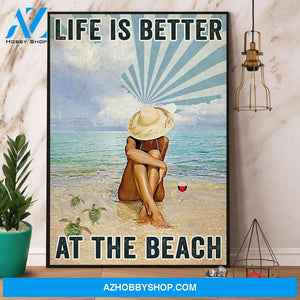Turtle And Wine Life Is Better At The Beach Canvas And Poster, Wall Decor Visual Art