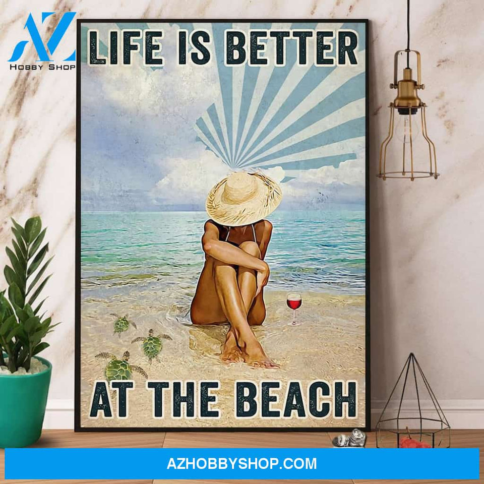 Turtle And Wine Life Is Better At The Beach Canvas And Poster, Wall Decor Visual Art