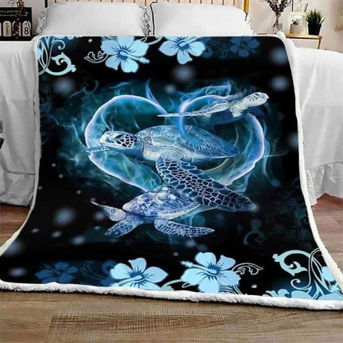 Turtle Blanket, Blue Turtle Hibiscus Ocean Wildlife, Gift For Turtle lovers