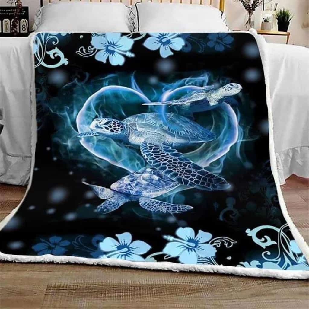 Turtle Blanket, Blue Turtle Hibiscus Ocean Wildlife, Gift For Turtle lovers