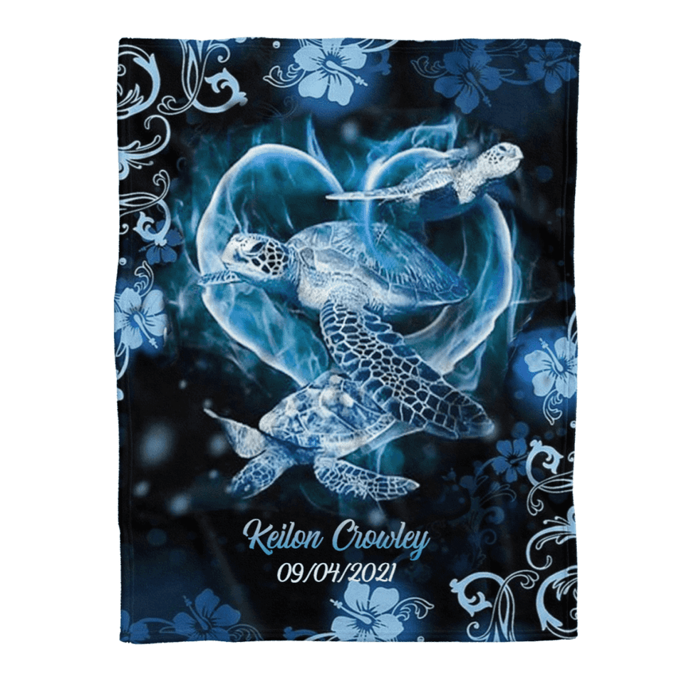 Turtle Blanket, Blue Turtle Hibiscus Ocean Wildlife, Gift For Turtle lovers