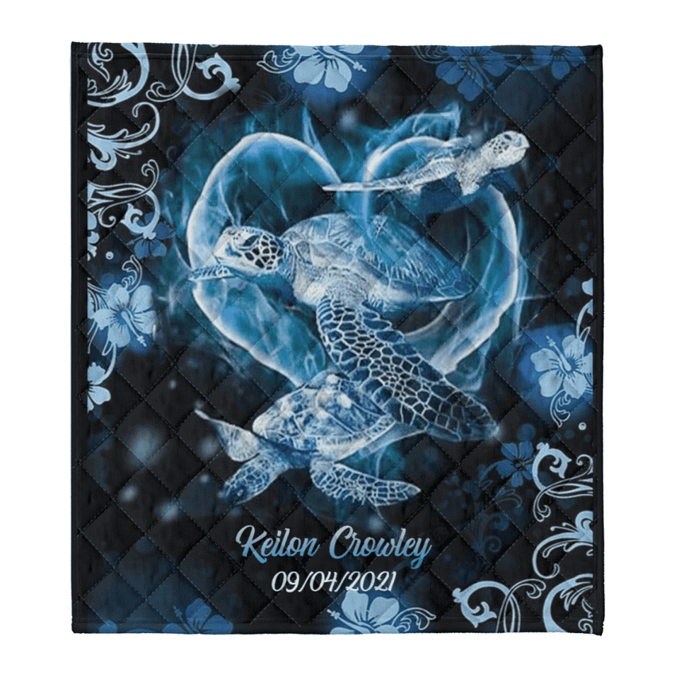 Turtle Blanket, Blue Turtle Hibiscus Ocean Wildlife, Gift For Turtle lovers