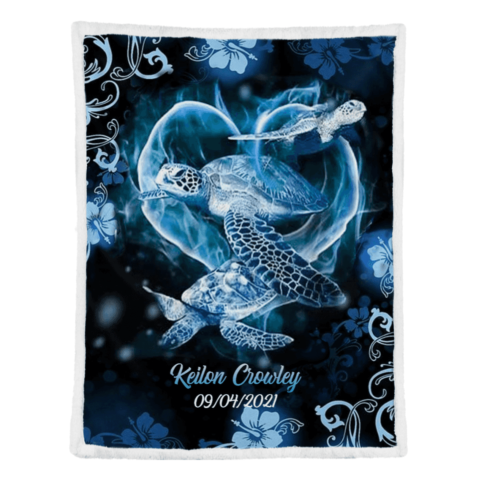 Turtle Blanket, Blue Turtle Hibiscus Ocean Wildlife, Gift For Turtle lovers