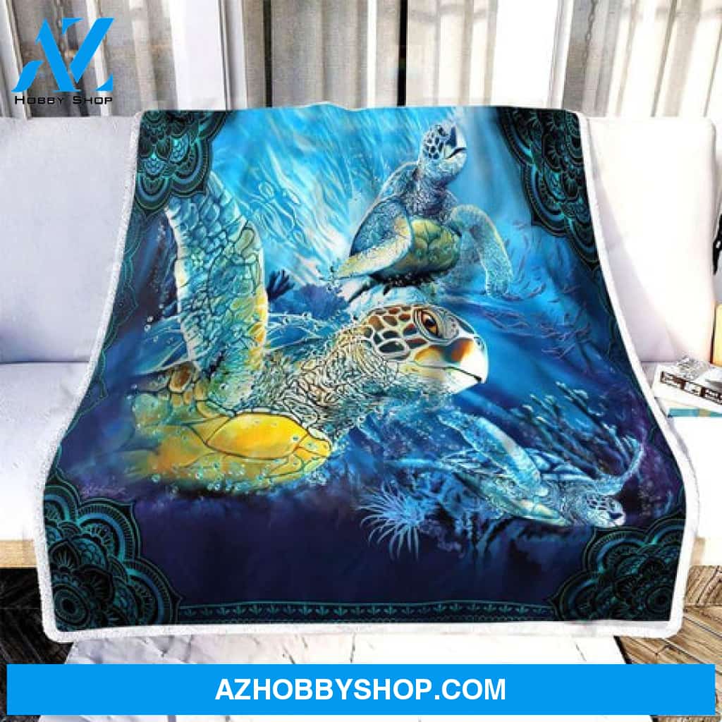Turtle Blanket, Sea Turtle Blue Ocean Mandala, Turtle Lover