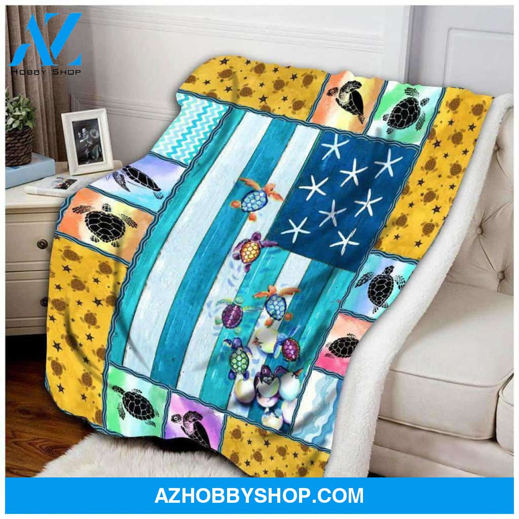 Turtle Blanket, Sea Turtle Ocean American Flag Blanket