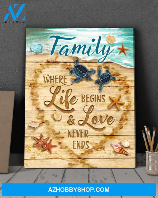 Turtle, Family where life begins and love never ends - Matte Canvas, gift for you, gift for turtle lover, gift to turtle lover, gift for sea lover, family gift c60