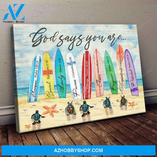Turtle on beach - God says you are - Jesus Landscape Canvas Prints, Wall Art
