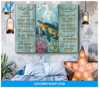 Turtle Put God First Canvas Wall Art
