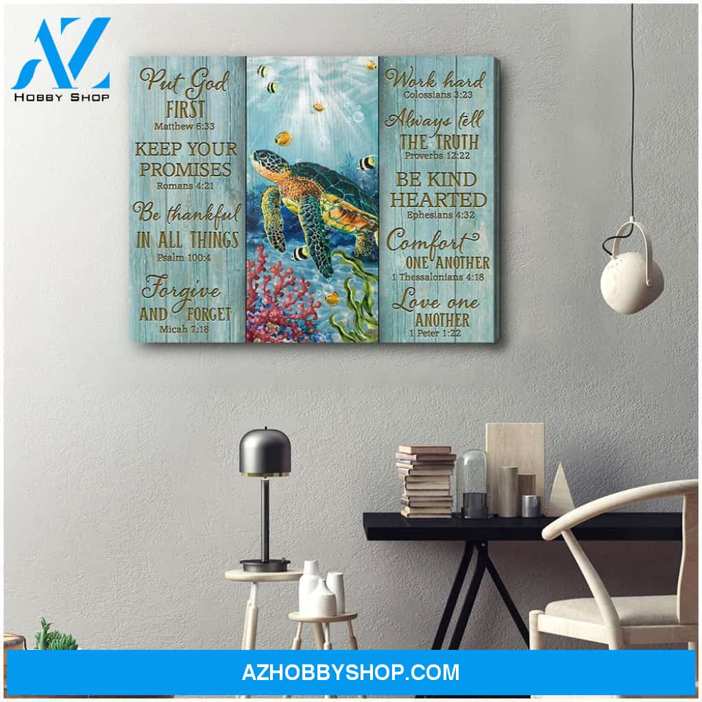 Turtle Put God First Canvas Wall Art