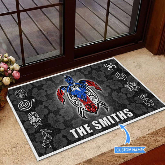 Turtle Taino Hibiscus Pattern Personalized Custom Name Doormat Welcome Mat