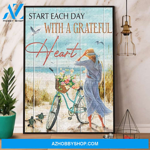 Turtle With Bike Start Each Day Grateful Canvas And Poster, Wall Decor Visual Art