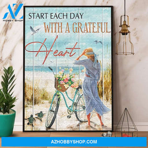 Turtle With Bike Start Each Day Grateful Canvas And Poster, Wall Decor Visual Art